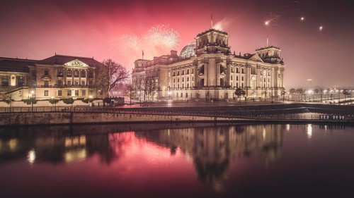 Reichstag bank with fireworks on New Year's Eve
