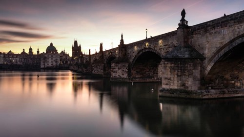 Charles Bridge in the morning at sunrise