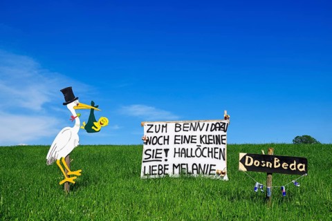 Rattling stork and banner as a welcome for a newborn child