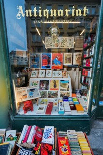 Shop window of an antiquarian bookstore in the Tuerkenstrasse