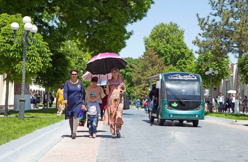 Walker with parasol and golf card on Tashkent Street