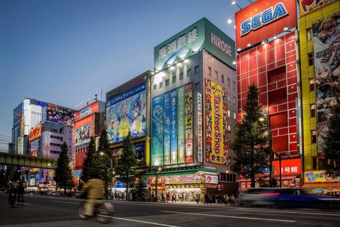 Colorful advertising and shops on the electronics mile Akihabara