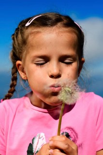 Girl blowing in dandelion