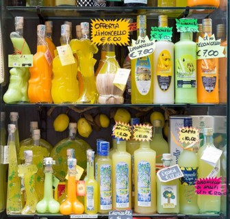 Limoncello liquor in souvenir bottles on display