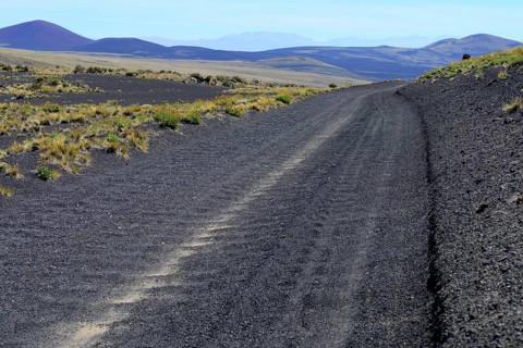 Track through volcanic lunar landscape