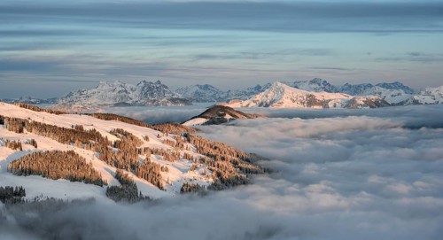 Mountain panorama with Kitzbuehler Horn and Loferer Steinbergen in winter