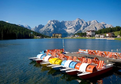 Pedal boats at Lake Misurina with Sorapiss mountain group