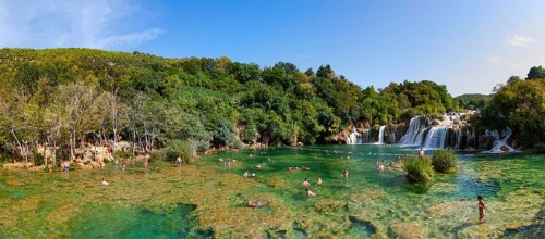 Tourists bathing at the Skradinski Buk waterfall