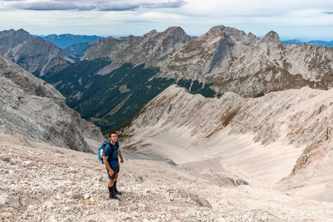 Hiker on hiking trail to the Birkkarspitze