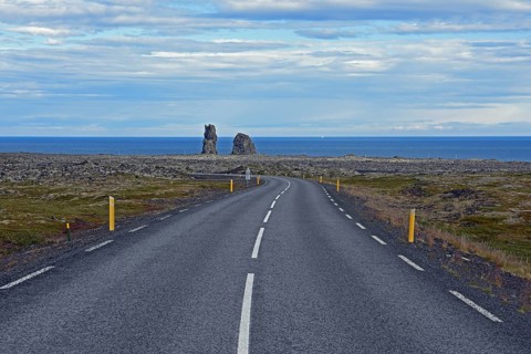 Country road leads to two bizarre rocky needles