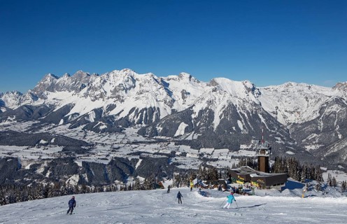 Ski area Planai with view to the mountain station and the Dachstein massif