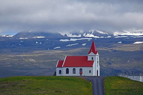 Church of Ingjaldsholl behind the Snaefellsnessjoekull