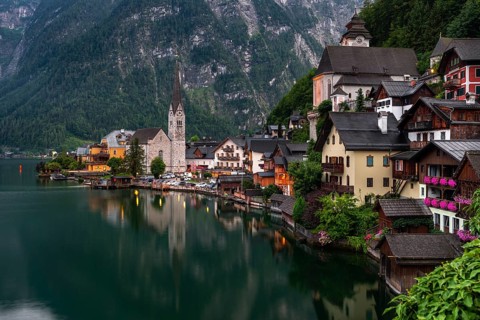 Village view Hallstatt with church