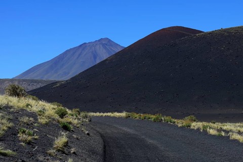 Track through volcanic lunar landscape
