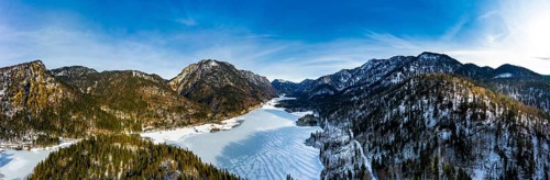 Aerial view of the snow-covered Weitsee and Loedensee