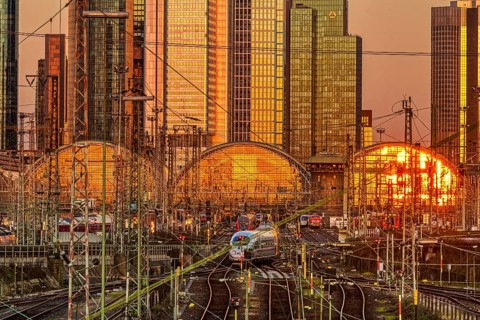 Sunset is reflected in the central station
