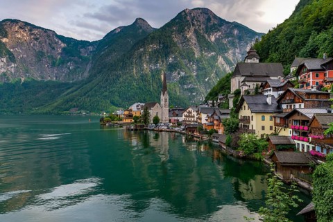 Village view Hallstatt with church
