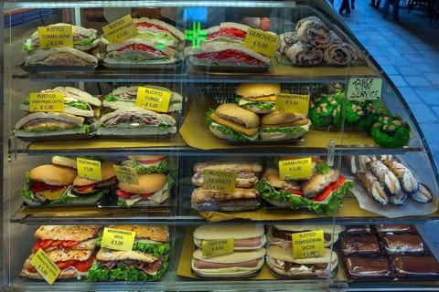 Offer of various sandwiches in a refrigerated display case
