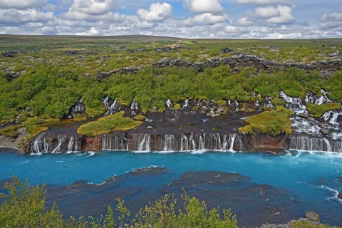 Hraunfossar Waterfalls with river Hvita