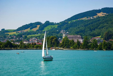 Lakeside promenade with view of the Basilica of St. Michael