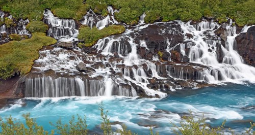 Hraunfossar Waterfalls with river Hvita
