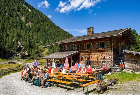 Managed alpine hut with hiker