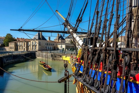 Replica of French frigate l'Hermione in her dock at the Arsenal of Rochefort