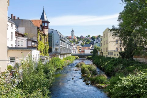 City view with Zwickauer Mulde and Friedenskirche