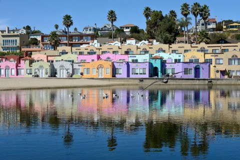 The colorful houses of the Venetian Hotel on the beach of Capitola Beach