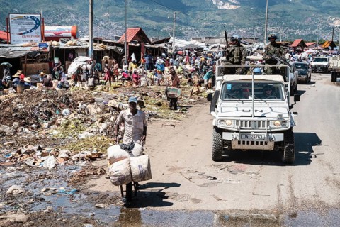 UN blue helmets in jeep on patrol