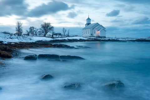 Church on the coast at dusk