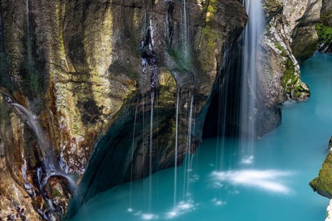 Emerald green river course in Soca Canyon