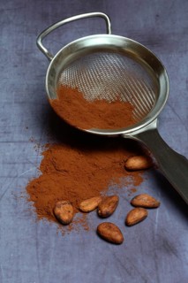Cocoa powder in sieve and cocoa beans