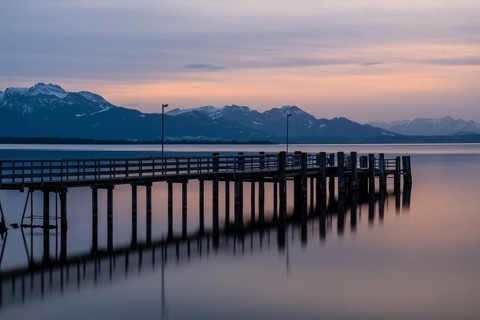 Footbridge at sunset at Chiemsee