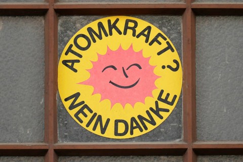 Sticker nuclear power No thanks on an old window