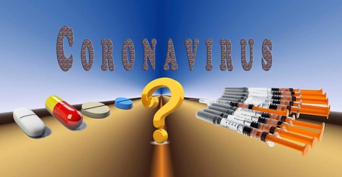Digital Composing, pills and syringes with question mark, symbolic picture Medicines and vaccine against coronavirus