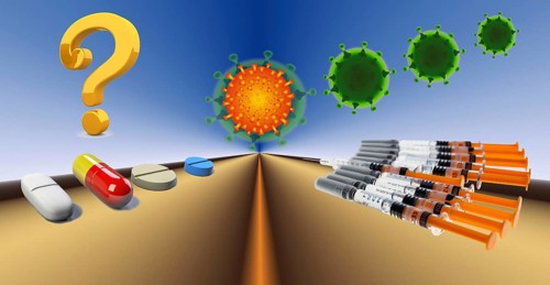 Digital Composing, pills and syringes with question mark, symbolic picture Medicines and vaccine against coronavirus
