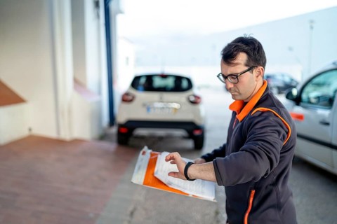 Delivery man with a small orange parcel looking on the watch