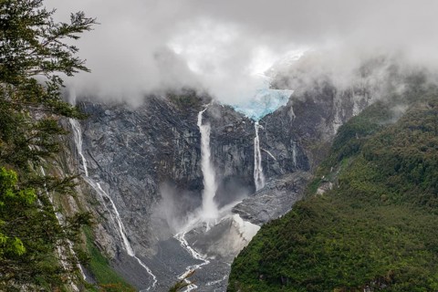 Hanging glacier and waterfalls