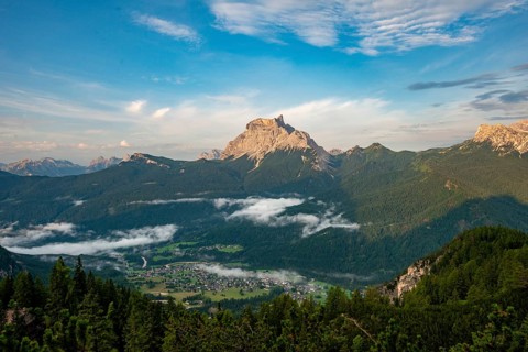 View of the valley with the village of San Vito di Cadore and the peak of Monte Pelmo
