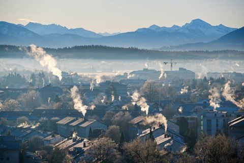 Wreaths of smoke from domestic heating systems in winter