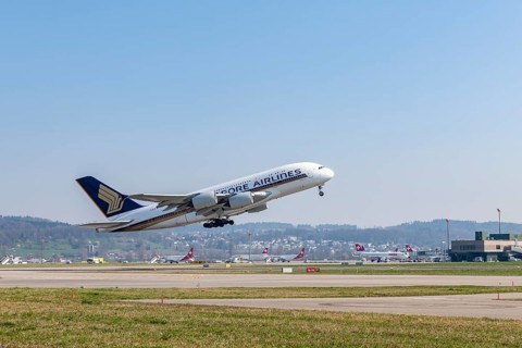 Singapore Airlines' Airbus A380-800 takes off from Zurich Airport