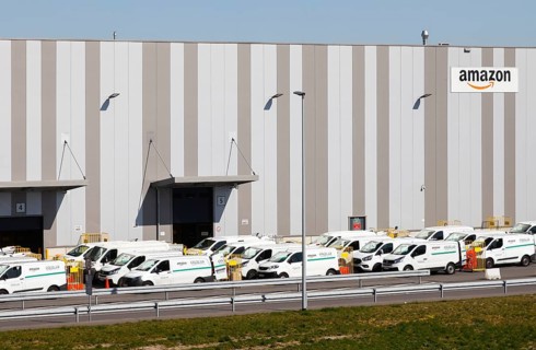 Amazon logistics centre with vans from parcel delivery company Onway Logistics
