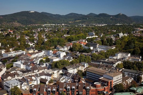 Panoramic view from the Godesburg Castle to the district Bad Godesberg in direction Siebengebirge