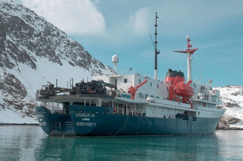 Anchored expedition ship