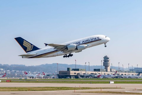 Singapore Airlines' Airbus A380-800 takes off from Zurich Airport