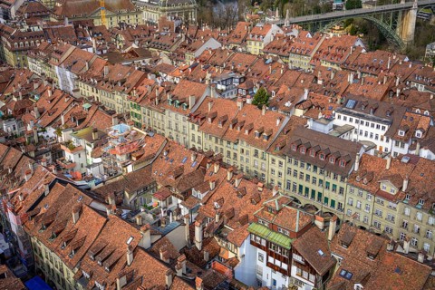 View from Bern Cathedral to the red tiled roofs of the houses in the historic centre of the old town