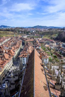 View from Bern Cathedral to the red tiled roofs of the houses in the historic centre of the old town