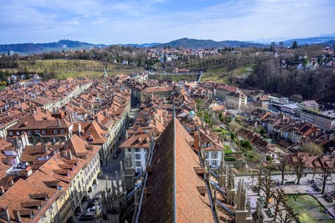 View from Bern Cathedral to the red tiled roofs of the houses in the historic centre of the old town