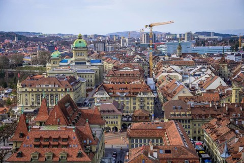 View from Bern Cathedral to the red tiled roofs of the houses in the historic centre of the old town